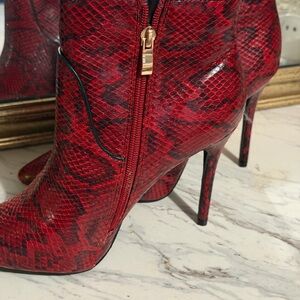 Red Snake-Print Stiletto Ankle Boots